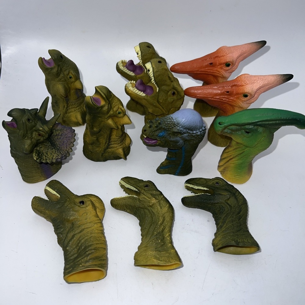 Dinosaur Finger Puppets Lot of 12 Soft Rubber Vinyl Dino Toy Heads T-Rex Kids
